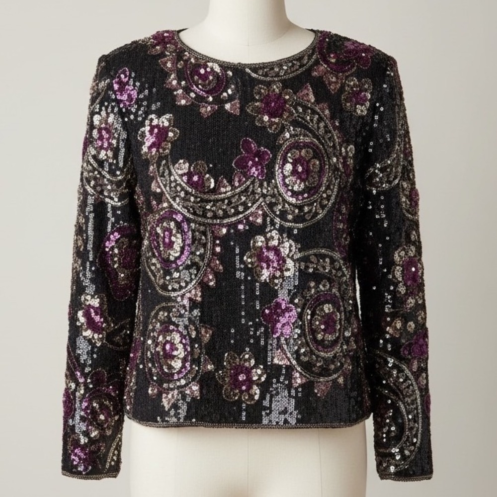 Vintage SCALA Beaded Silk Evening Top XL Multicolor Sequin Cocktail Blouse XL